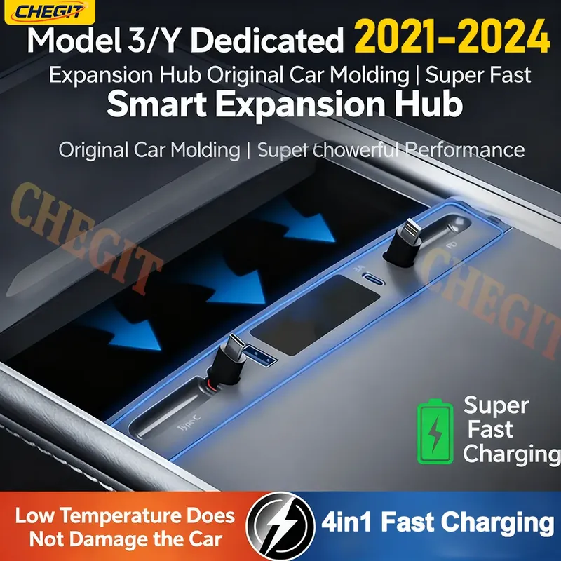4IN1 Für Tesla Modell 3/Y Docking Station Schnell Ladegerät USB LED Shunt Hub Verlängerung Center Konsole 4 Ports smart Sensor 2023