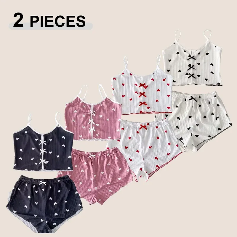Nachtwäsche Damen Pyjama Set Herzdruck Weicher gerippter Stoff mit kokettem Rüschenbesatz Lässiges Cami-Top und Shorts-Sets Loungewear Neu