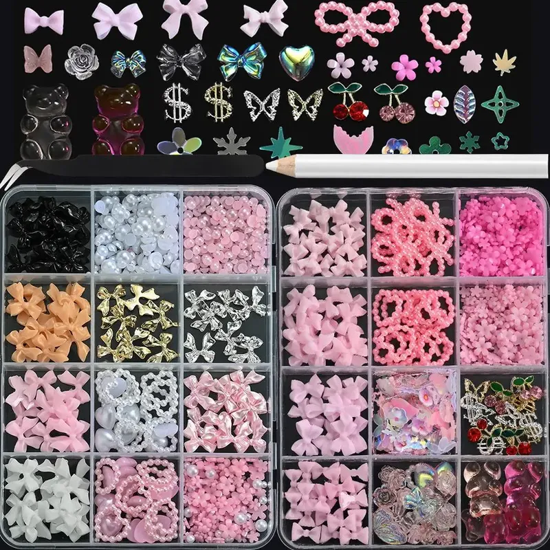 12-teiliges 3D-Schleifen-Nagelkunst-Set, Mehrfarbige Schleifen, Blumen, Bären-Anhänger, Trendige Nagelzubehörteile für Salon und DIY-Maniküre - 3.31 EUR