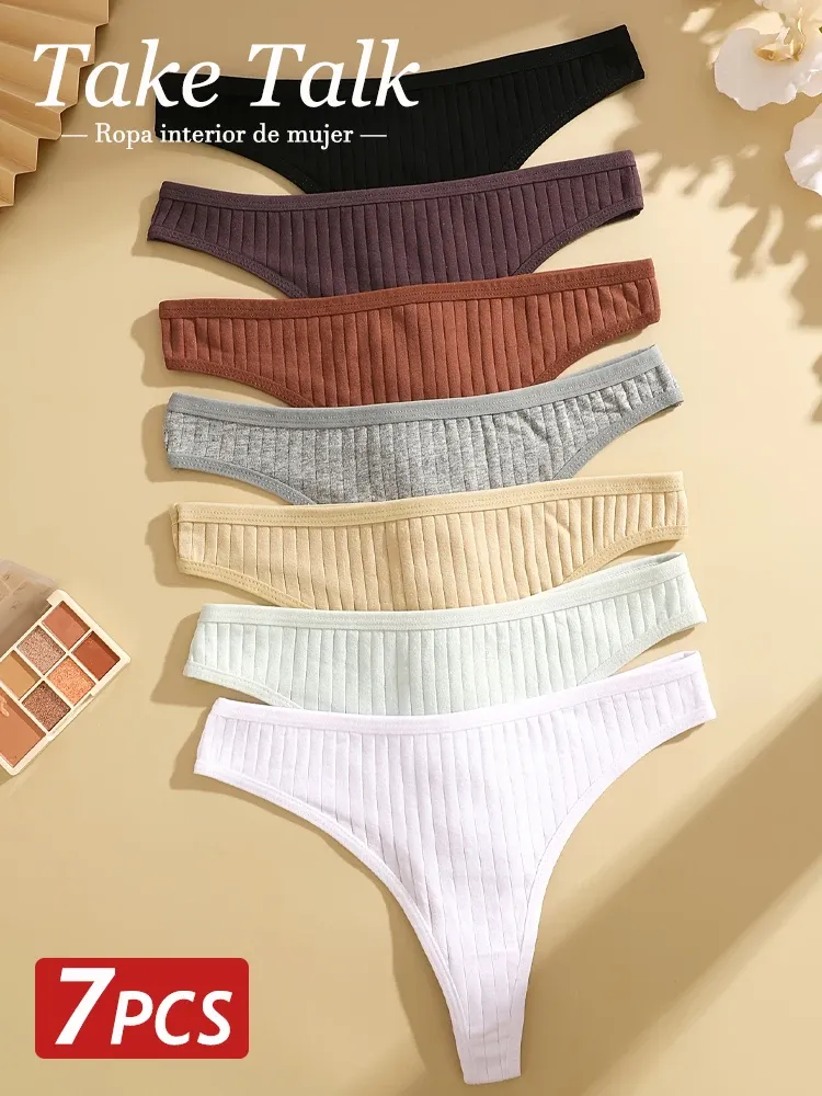 7PCS Frauen Sexy Baumwolle G-String Höschen Einfarbig Rippen Weiche Thongs Weiblichen Niedrigen Taille Unterhose Damen Sexy Bikini Dessous