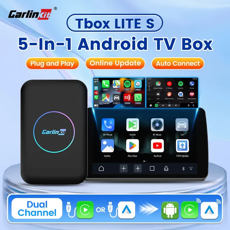 CarlinKit 5-in-1 Lite S Android TV-Box, CarPlay Ai-Box, unterstützt Netflix, kabelloses CarPlay und Android Auto, HDMI, USB-Gerät, Plug & Play, Online-Upgrade, 2,4 G und 5 GHz, WLAN, Bluetooth, automatische Verbindung