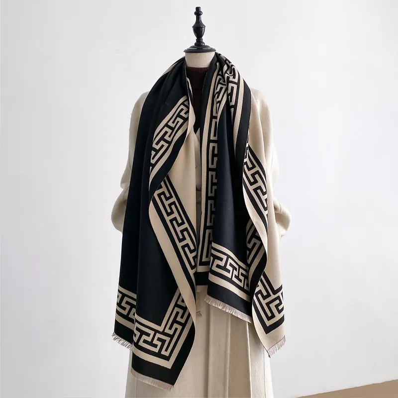 Neue Marke Eleganz Zweiseitiger Druck Schal Weiche Warme Fransen Pashmina Schal Herbst und Winter Outdoor Kältebeständig Winddicht Decke