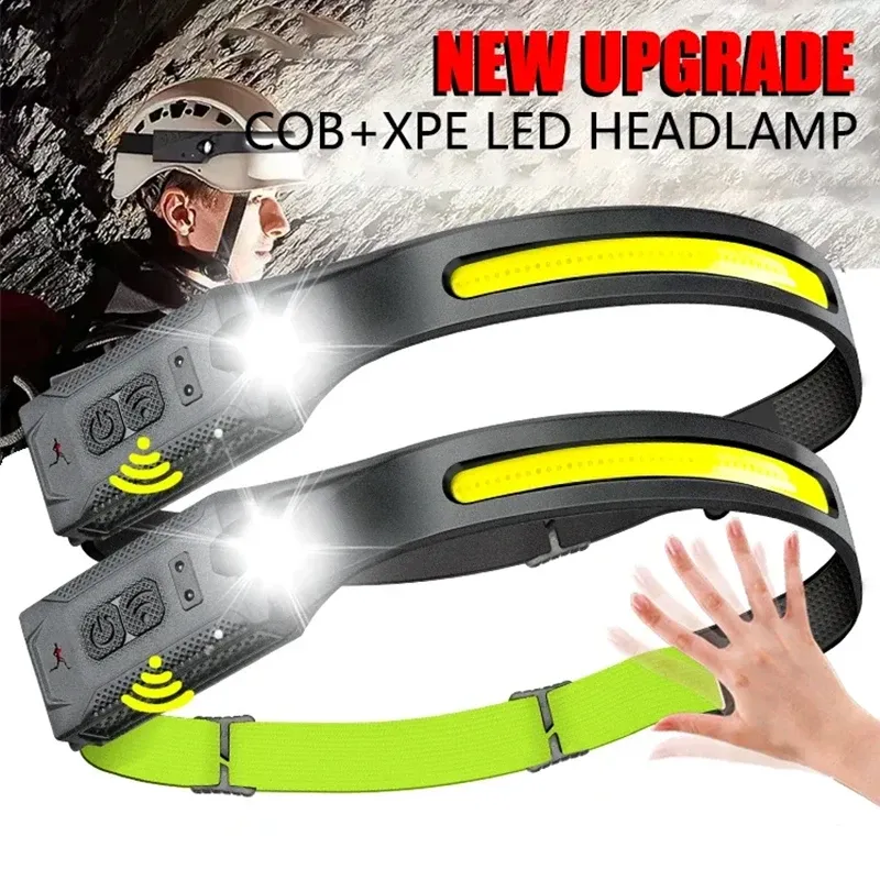 LED-Stirnlampe, USB wiederaufladbar, 3-Modus-Beleuchtung, Scheinwerfer, Taschenlampe, eingebauter Akku, Lauflicht, Camping-Taschenlampe, Notfalllampe