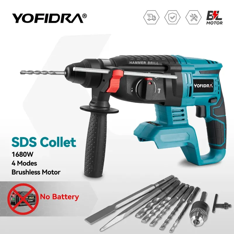 YOFIDRA 26MM Bürstenlosen Elektrischen Bohrhammer 1680W Multifunktionale Akkuschrauber Power Tool Für Makita 18V Batterie Pin