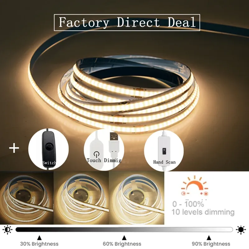 Dimmbare 5V USB 5m COB LED Streifen Licht mit Handscan Dimmbare Touch Sensor Schalter Druckschalter Zimmer TV Hintergrund Dekoration