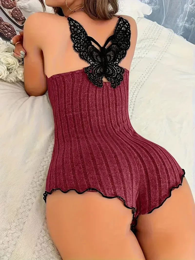 Pyjamas mit Schmetterlingsstickerei am Rücken für Damen, Onesies, Sommer-Nachtwäsche, Spitzen-Spleiß-Body, Loungerwear