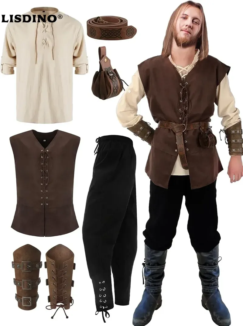 6-teiliges Halloween-Renaissance-Kostüm-Set für Herren, mittelalterliche Weste, Hemd, Knöchelband, Hose, Wikinger-Gürtel, Armband-Beutel
