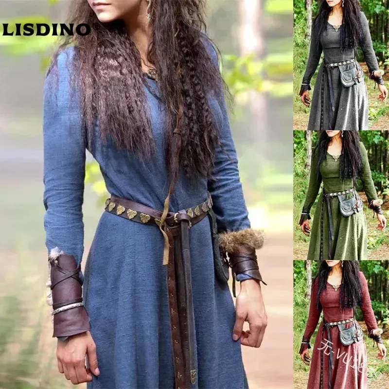 LisdinoMedieval Kleid Frauen Langarm Maxi Robe Vintage Fee Elfen Kleid Renaissance Keltische Viking Gothic Cosplay Kostüme
