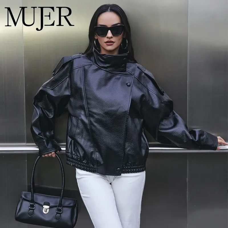 MUJER Kunstleder Damenjacke Schwarz Oversize Bomberjacken für Damen Outer Wintermantel Damenmode Jacke Damen