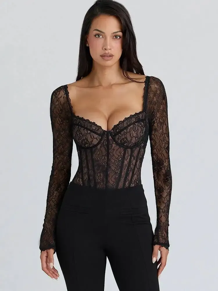 JULISSA MO Sexy Quadrat Kragen Sheer Spitze Zipper Frauen Body Langarm Print Floral Dame Winter Bodycon Elegante Overall Neue