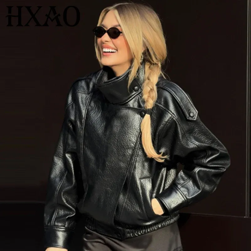HXAO Neue Ankunft Damen Bomberjacke Leder Schwarz Jacken Abgeschnitten Oversize Outer Zip-Up Langarm Mäntel Outdoor Jacke