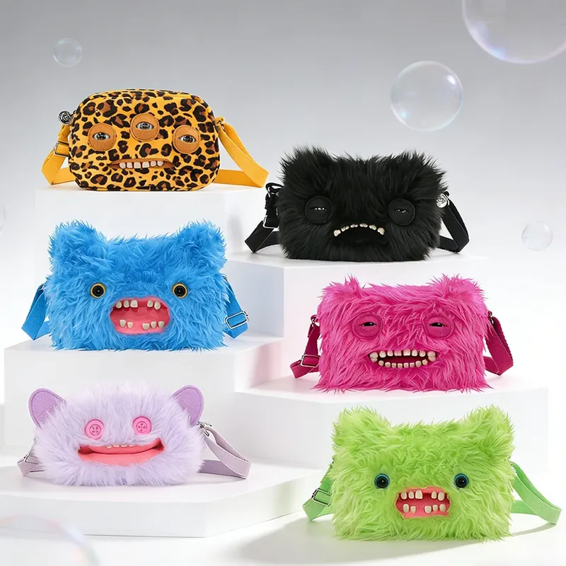 Fuggler Original Plüsch-Umhängetasche, breiter Augen, Weirdo Screech, hässlicher Zahn, Monster, großer Kopf, Umhängetasche, pelziger Rucksack, Geburtstagsgeschenk