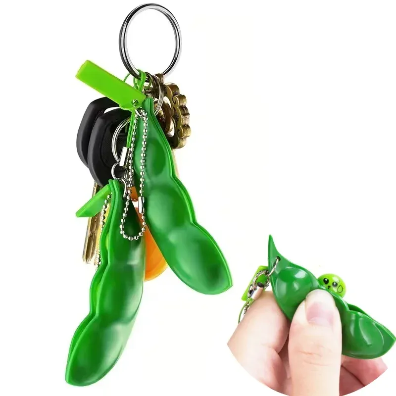 2/6/10PCS Pea Pod Stressabbau Spielzeug Quetschen Kreatives Design Edamame Schlüsselanhänger Quetschen Spaß Stressabbauendes Zubehör