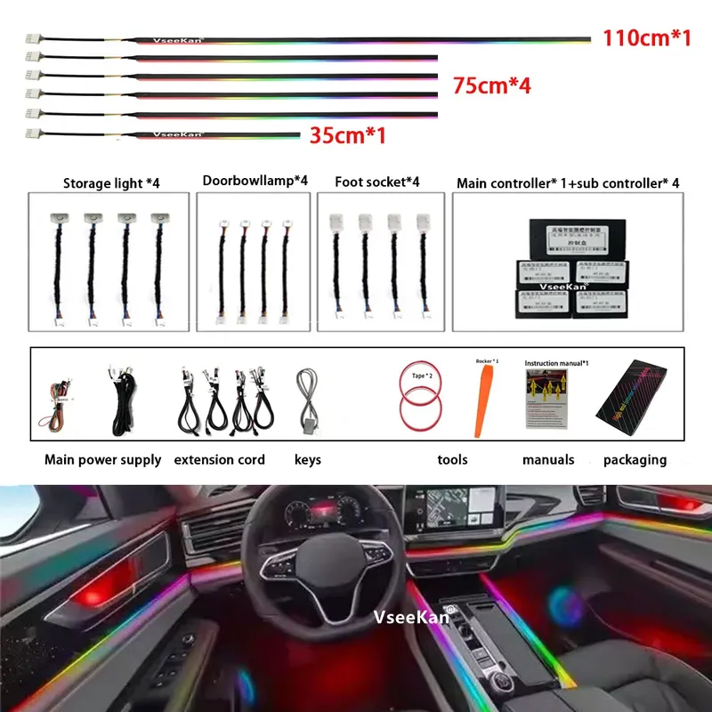 6/10/14/18 in 1 LED-Auto-Umgebungslichter RGB 213 64 Farben Acrylstreifen Symphony Streamer Interior Rainbow Atmosphere Lamp Kit