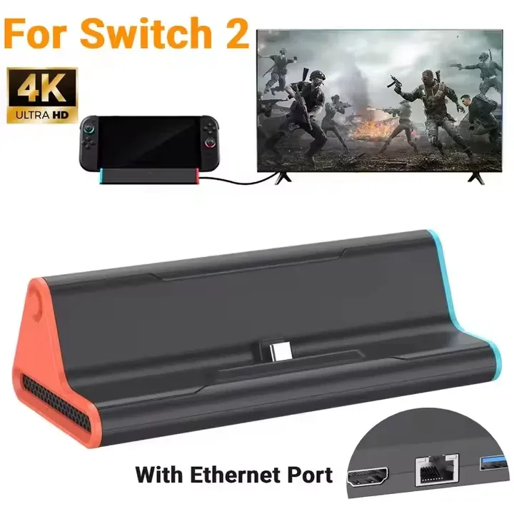 Tragbare TV-Dockingstation für Nintendo Switch 2, Ladestation, 4K HDMI-kompatibler Ausgang/Typ-C-Anschluss/USB-Anschluss für NS2