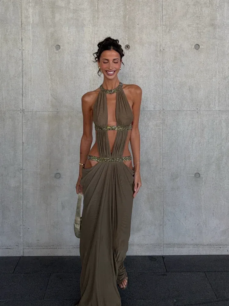 Sexy rückenfreies Pailletten-Neckholder-Kleid für Damen, ärmellos, schulterfrei, aushöhlen, plissiert, Maxikleider, neue Damen-Abendparty-Kleider