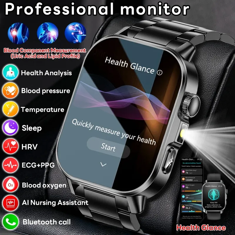 2026 Neues Modell Harnsäure & Lipid Gesundheitsanalyse Smart Watch Männer EKG + PPG Bluetooth Anruf 2,01 Zoll Taschenlampe Smartwatch Frauen