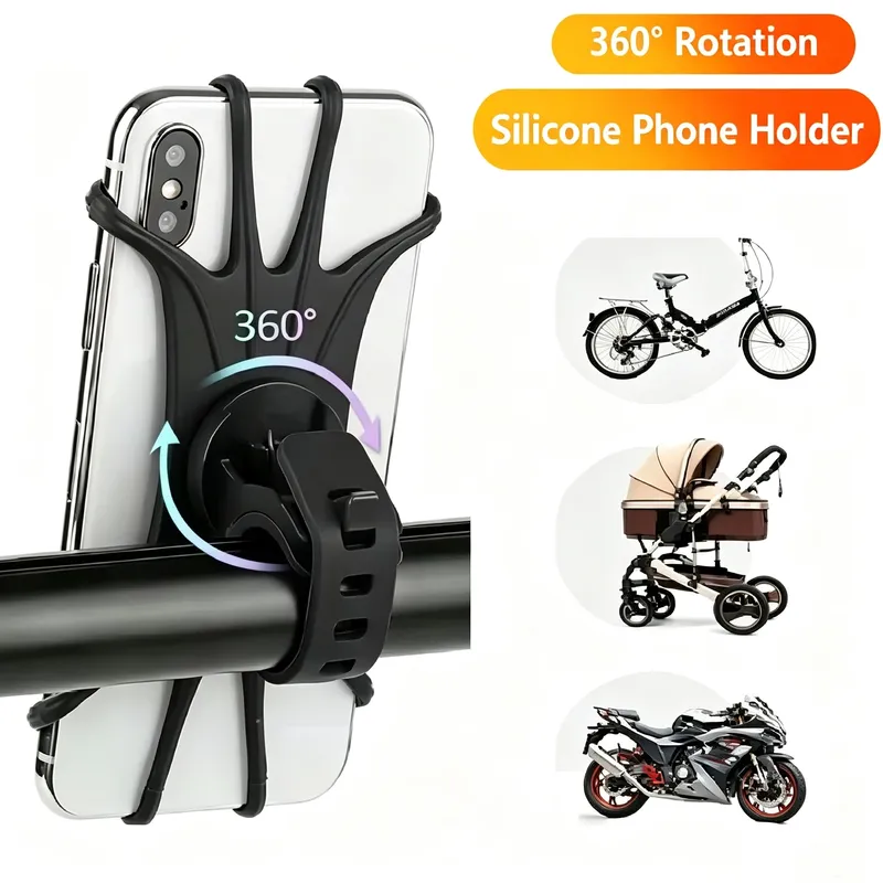    360° drehbarer Handyhalter für Fahrrad und Motorrad, Silikonhalterung, sichere Halterung mit Silikonzugmechanismus für alle Handyständer