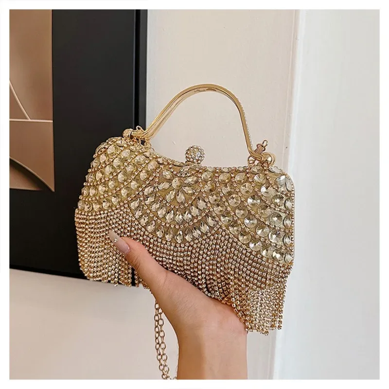 Damen-Handtasche, Strass-Dinnertasche, handgehaltene Banketttasche mit Quaste, modisches Abendkleid für Prominente, einschulterig schräg