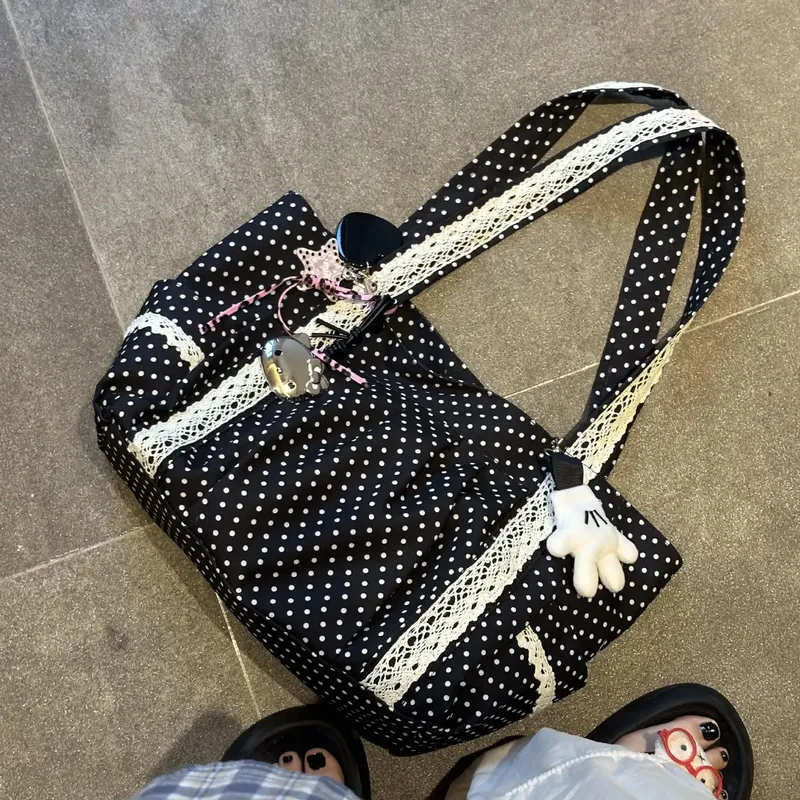 Koreanische Polka-Dot-Schultertasche für Damen, Retro-Mode, große Kapazität, Einkaufstasche, vielseitige Canvas-Handtasche für Arbeit und Pendeln