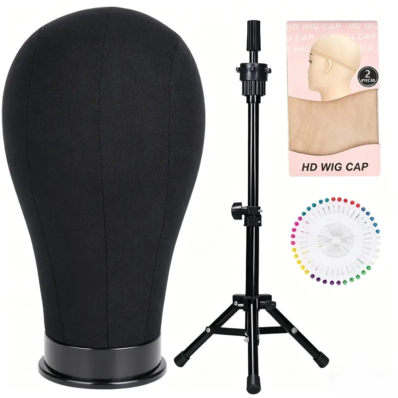 22 Zoll großer Canvas-Mannequin-Kopf mit Stativ, Perückenkappe, T-Pins und Reißzwecken für Perückenherstellung, Styling-Übungen, Training und Präsentation.