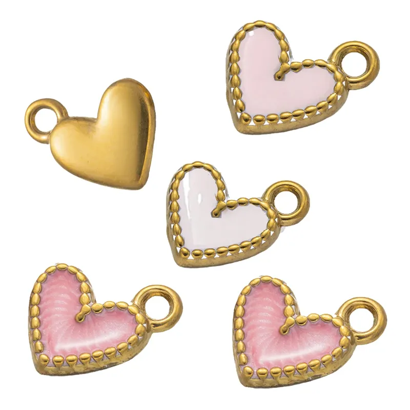 5 Stück Gold Edelstahl Rosa Herz Emaille Charms Baumeln Anhänger für DIY Armband Halskette Ohrringe Zubehör Schmuckherstellung