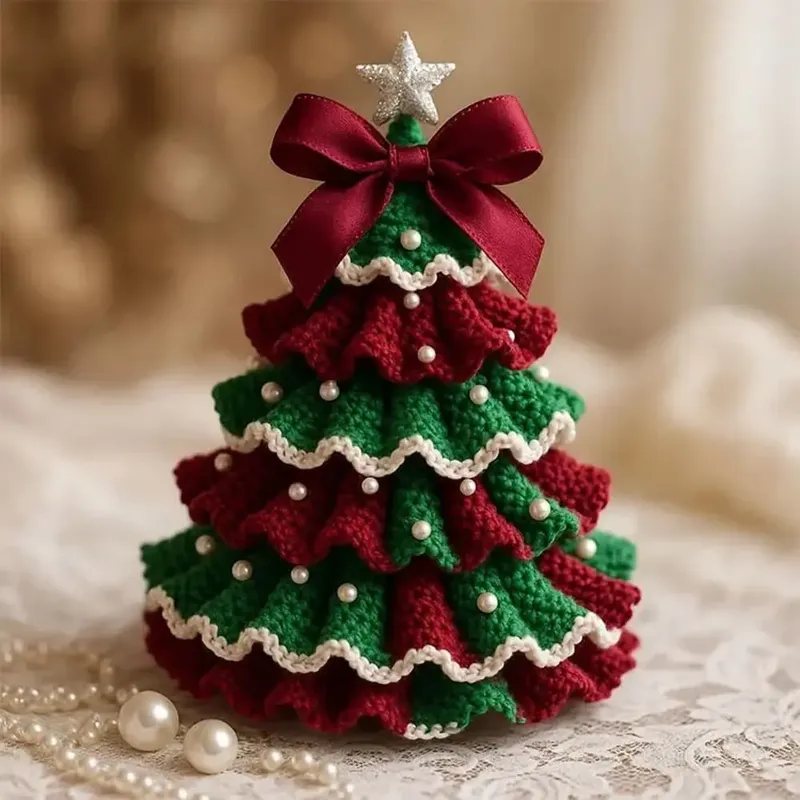 Gehäkeltes Weihnachtsbaum-Set zum Selbermachen mit Schleife, Kunstperlen-Dekor, Urlaubs-Handwerk, Starter-Set, handgefertigt, gehäkelter Weihnachtsbaum, Heimdekoration