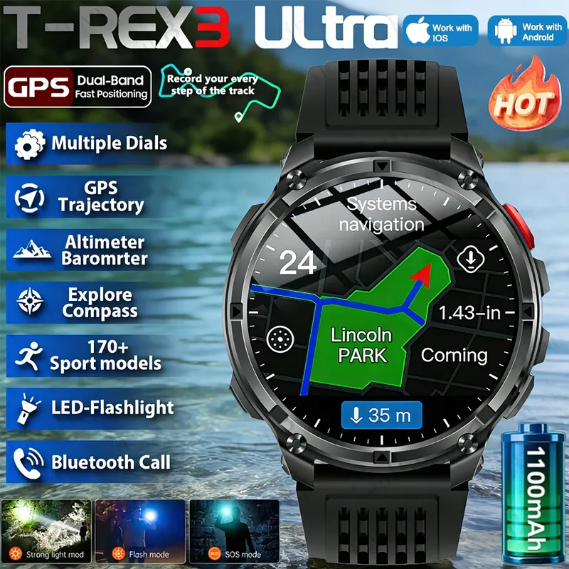2026 Neue T-Rex3 Ultra 1100mAh Super-Kapazitätsbatterie Smartwatch für Erwachsene Männer 1,7" Großer Bildschirm Anruffunktion 5ATM Wasserdicht Sportuhr