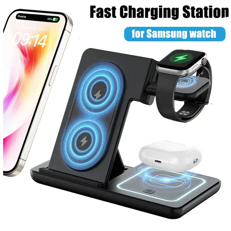 3-in-1 faltbarer kabelloser Ladegerät-Schreibtischständer für Samsung S24 S23 Galaxy Watch 2-8 Active 1 2 Buds Pro LED-Schnellladestation