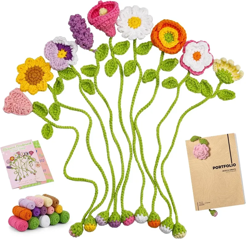 IMAZY Häkelset für Anfänger und Erwachsene, 10-Blumen-Lesezeichen-Set, inklusive Strickgarn, Schritt-für-Schritt-Video-Tutorial-Hakennadeln
