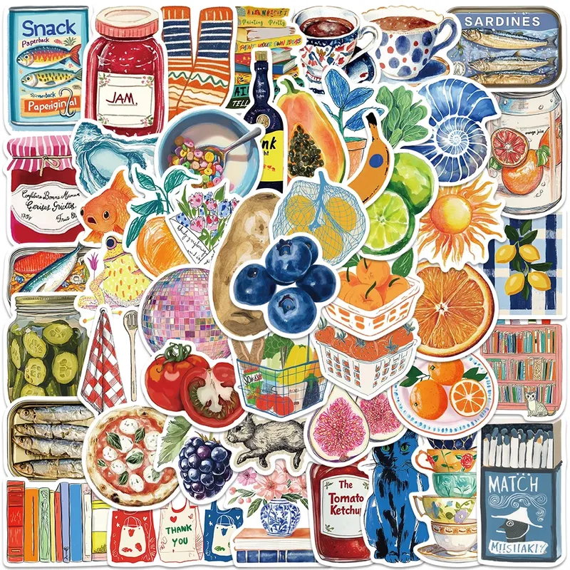 50PCS ästhetische Aquarell Lebensmittel Leben Aufkleber Zimmer Dekor Vintage Obst Konserven Muster für Kinder Erwachsene Laptop Telefon Fall Dekor