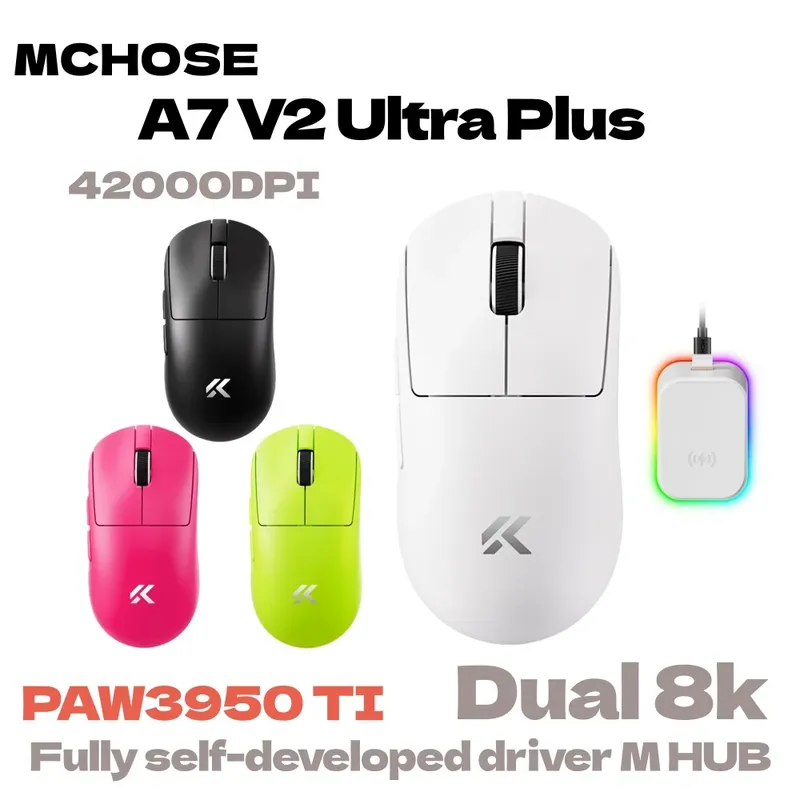 MCHOSE A7 V2 Ultra Plus Leichte kabellose Gaming-Maus Dual 8000 Hz Polling Rate PAW3950 TI Esports Büromaus für Logitech