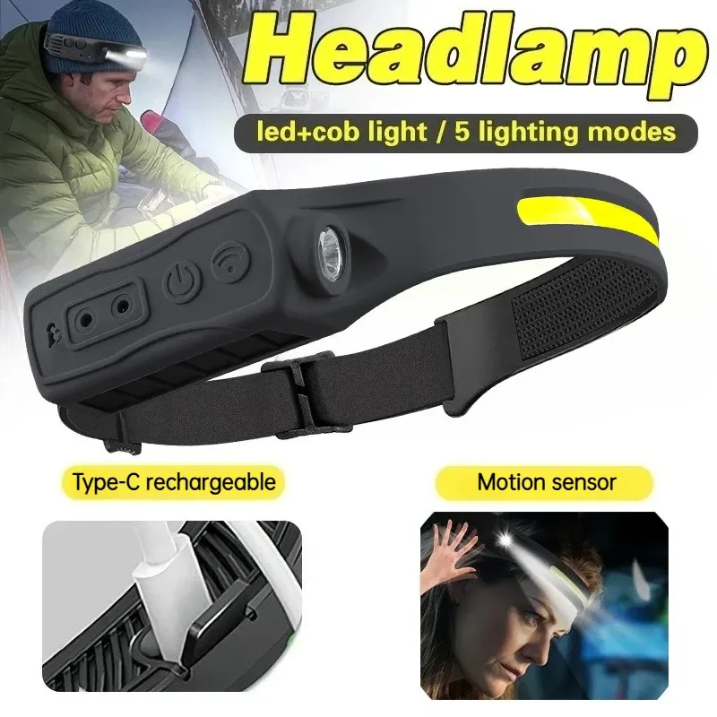 Leistungsstarke COB-LED-Sensor-Stirnlampe, wiederaufladbare Kopf-Taschenlampe, 5 Beleuchtungsmodi, Scheinwerfer-Stirnlampe für Outdoor-Angeln, Camping
