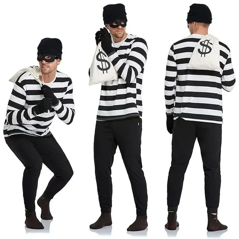 Convict Thief Cosplay Kostüm Frauen Streifen Top Strumpf Strickmütze Handschuhe Leinwand Tasche Augenmaske Gefangene Karneval Party Outfit