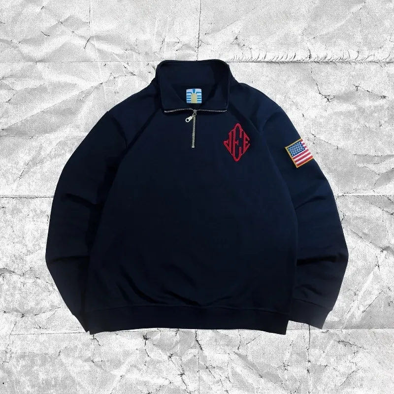 Y2K Retro Viertelreißverschluss-Pullover Hoodie mit JEE-Stickerei, Amerikanischer Vintage Casual Streetwear Übergroßer Herren-Mantel