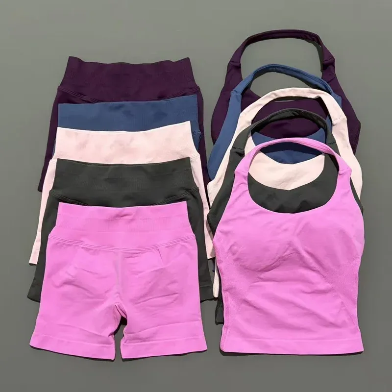 2-teiliges HISTELLO Neckholder-Top mit Trägern, BH-Shorts-Set für Damen, Yoga-Workout-Kleidung, nahtlose Weste, hüfthebende Sport-Leggings, Fitnessstudio-Anzug