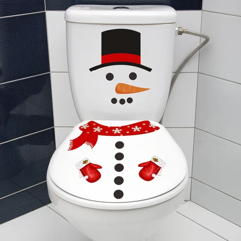 Weihnachts-Schneemann-Toiletten-Dekorationsaufkleber mit festlichem Schneemann, rotem Schal und Schneeflocken-Design, Badezimmerdekorationen Weihnachten