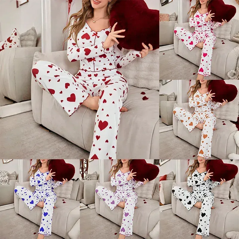 Pyjama 2-teiliges Set Damen Schlafanzug Loungewear Anzug Oberteil Hose Herzdruck Schleife Hose Herbst Ensemble Nachtwäsche Outfits
