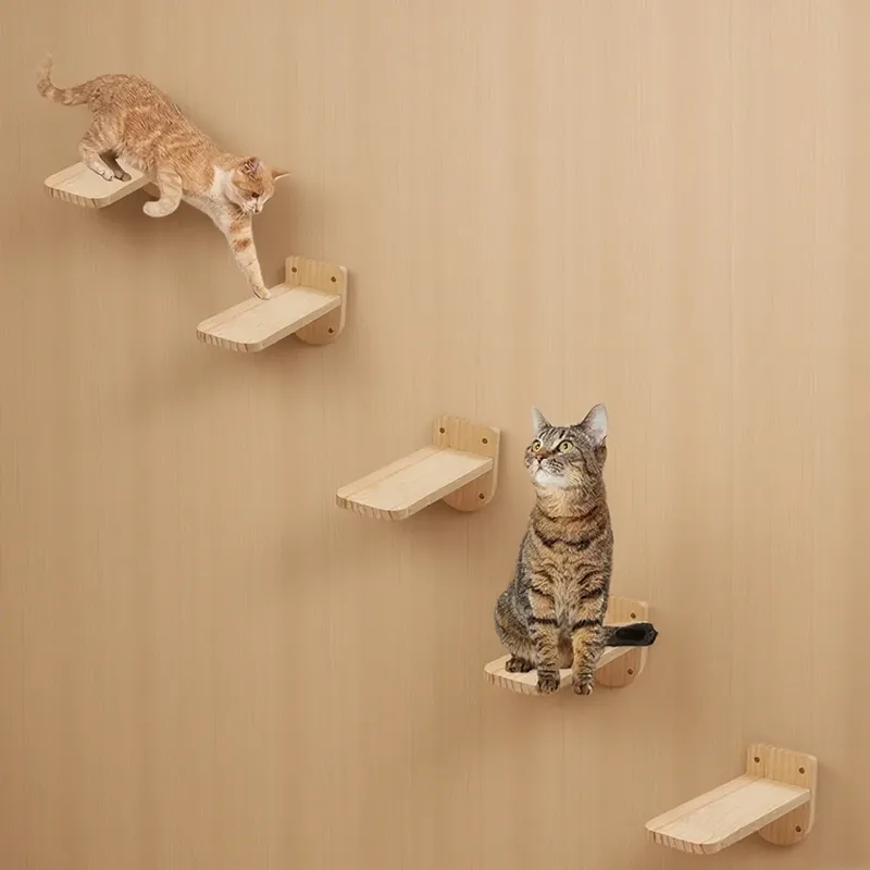 5-teilige Katzenwand, schwebende Stufen, Leiter, Treppen, Naturholz, Wandmontage, hölzerne Katzenmöbel, Kletterregale und Sitzstangen