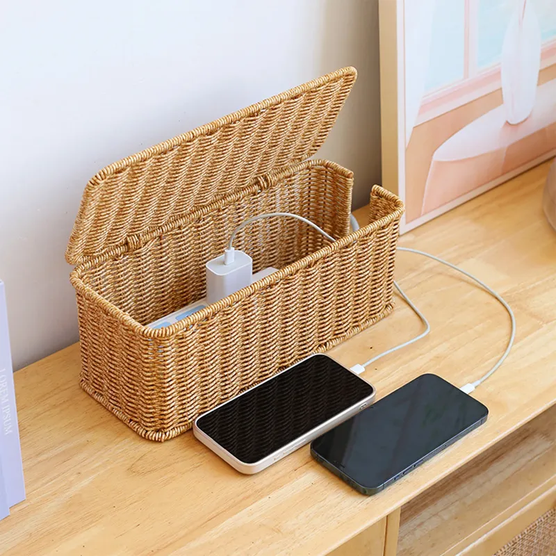 Handgewebte Kabel-Aufbewahrungsbox unter dem Schreibtisch, Kabel-Management-Box für die Aufbewahrung von Desktop-TV-Geräten