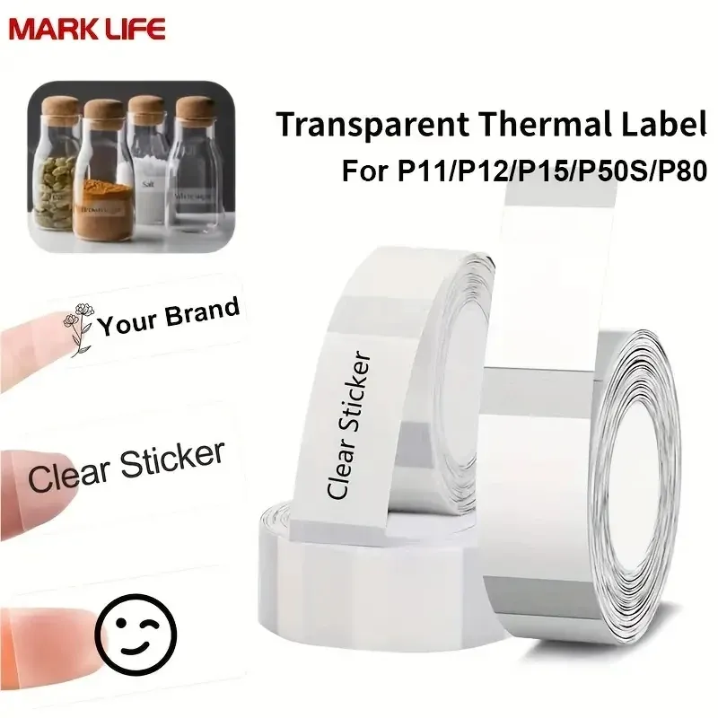 Marklife P11/P12/P15 Etikettendrucker, transparentes Klebeband, transparentes Thermo-Aufkleberetikett 0,47"×1,57" (12x40mm), wasserfest, 150 Blatt