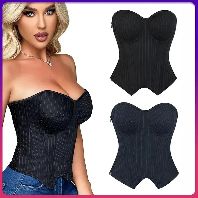 Bestseller Gestreifter Damen-Blazer mit integriertem Bügel-BH, seitlichem Reißverschluss und ohne Knochen-Korsett-Design – schmal geschnittene modische Jacke