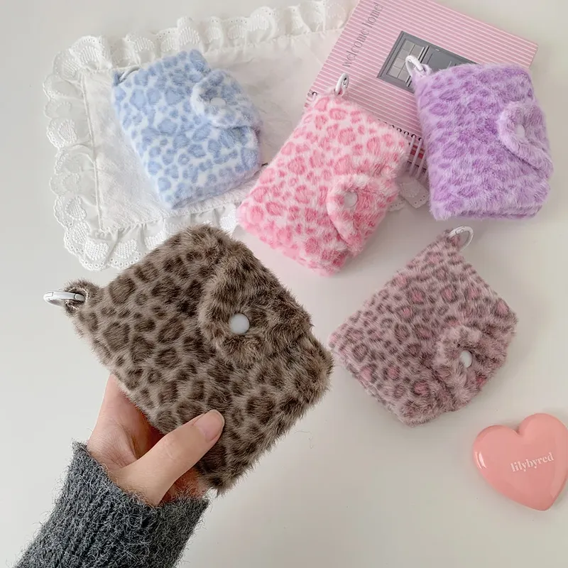 Neue Mode Plüsch Leopard Muster Snap Karte Tasche für Mädchen Mini Lagerung Brieftasche Münze Brieftasche Anhänger Kopfhörer Tasche frauen Geschenke