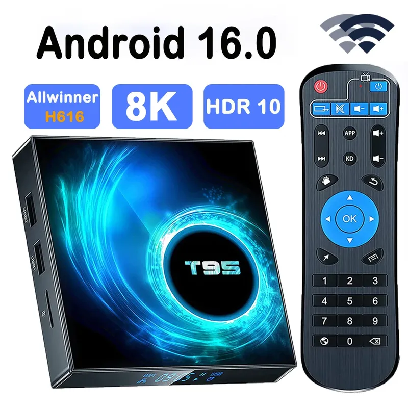 T95 Android 16.0 TV Box 4K 1080P 8K Media Player Allwinner H616 Smart TV Box Dual WiFi 2,4G/5G BT5 Video Set Top Box Streaming