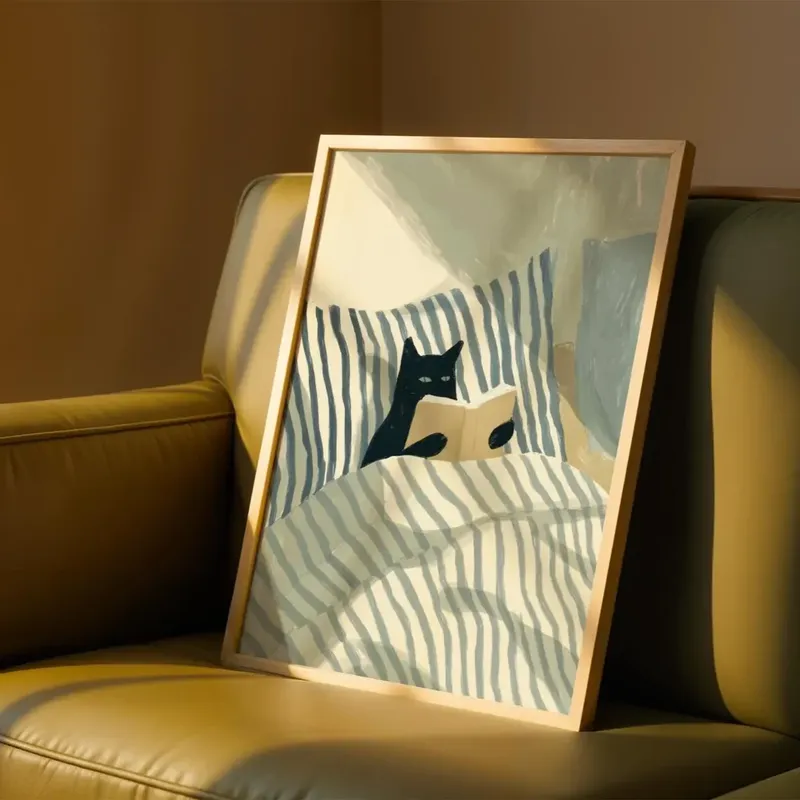 Katzen-Lesedruck – Wandkunst mit schwarzer Katze, gemütliches Schlafzimmer-Poster, Buchliebhaber-Katzenillustration, Katze im Bett, Lesedekoration, Katze B