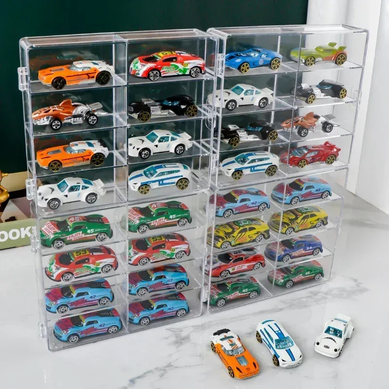 Acryl-Auto-Vitrine 1:64 für Kinderspielzeug, Automodell-Spielzeug, 8-Fächer-Schrank, staubdicht, stapelbar, transparente Auto-Aufbewahrungsboxen