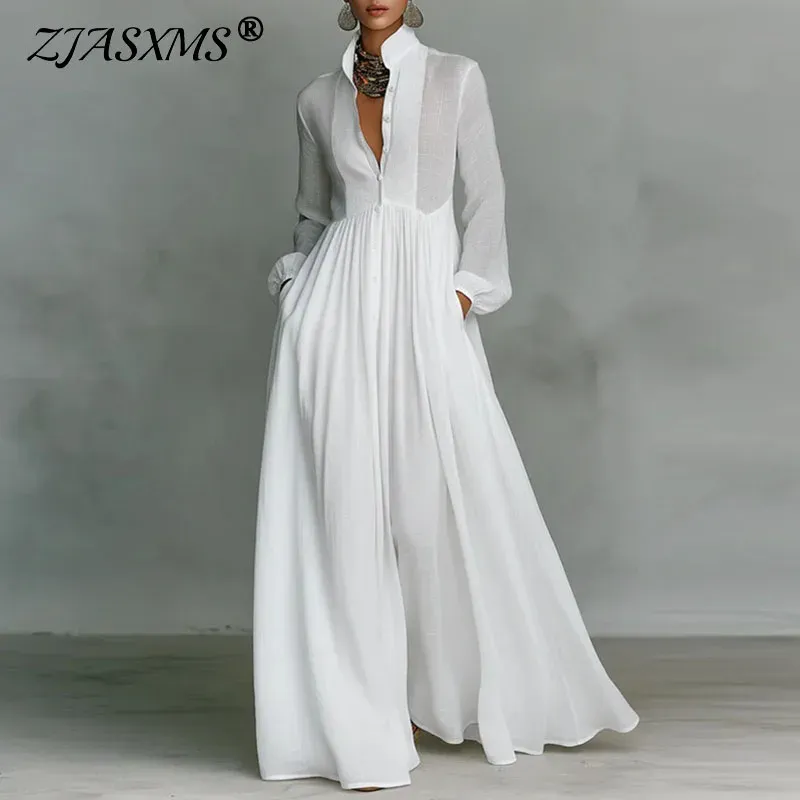Französisch Elegante Hohe Taille Swing Langes Kleid Frau Frühling Solide Taschen Plissee Maxi Kleid Herbst Langarm Taste Abendkleid