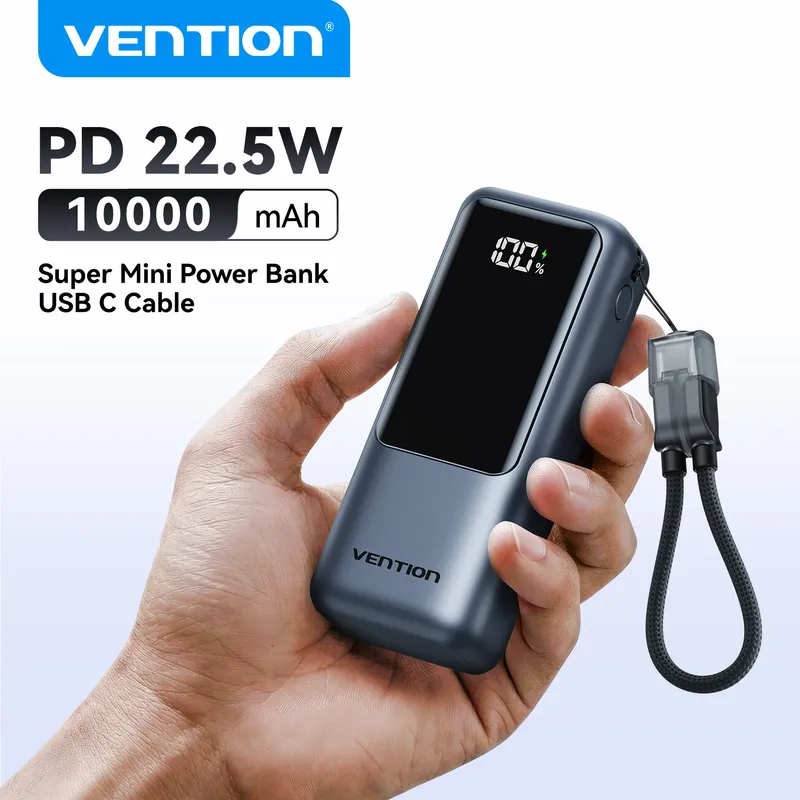 Vention 10000mAh Mini Powerbank 22,5W Tragbares Ladegerät mit integriertem USB-C-Kabel PD 3.0 Schnellladung für iPhone 17 Samsung S25 S24