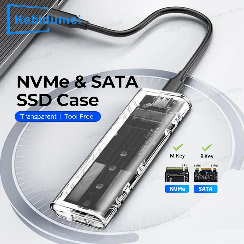 M.2 NVME PCIe-Protokoll NGFF SATA SSD-Gehäuse Klare USB Typ C 5/10 Gbit/s PCI-E M2 SSD Transparentes externes Gehäuse Festplattenbox