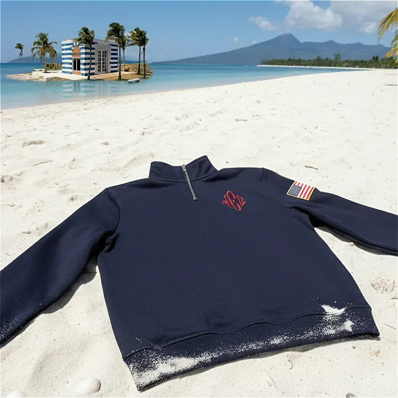 Y2K Retro Sweatshirt Ärmel-Stickerei US-Flagge Stehkragen Viertelreißverschluss Pullover Mode Nischen-Streetwear Unisex Oversized Oberteile
